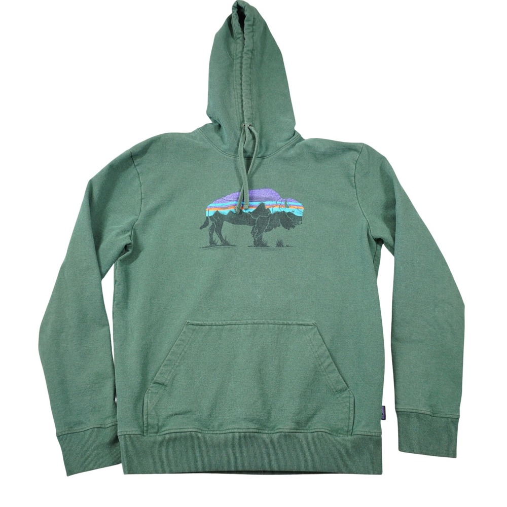 Patagonia Uprisal Hoody Mens Medium Green Bison Graphic Pullover Sweatshirt